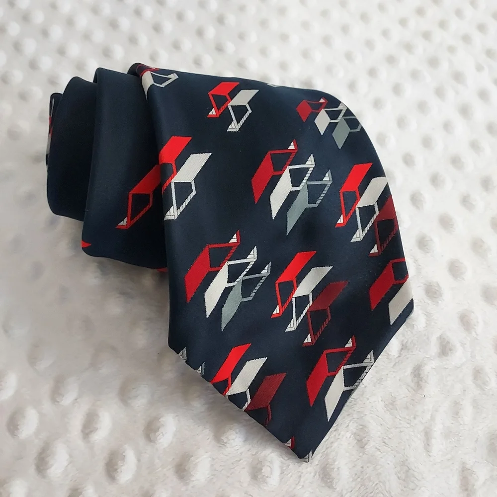 Vintage Jean Claude Vidal Tie 100% Silk Print Necktie Navy Red White Americana